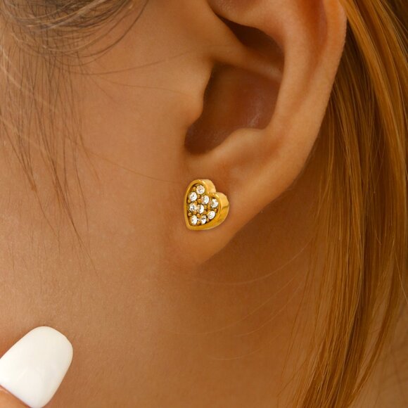 3/$35 Gold Plated Heart Stud Earrings Pave Clear Rhinestone Crystals Zirconia - Picture 8 of 8